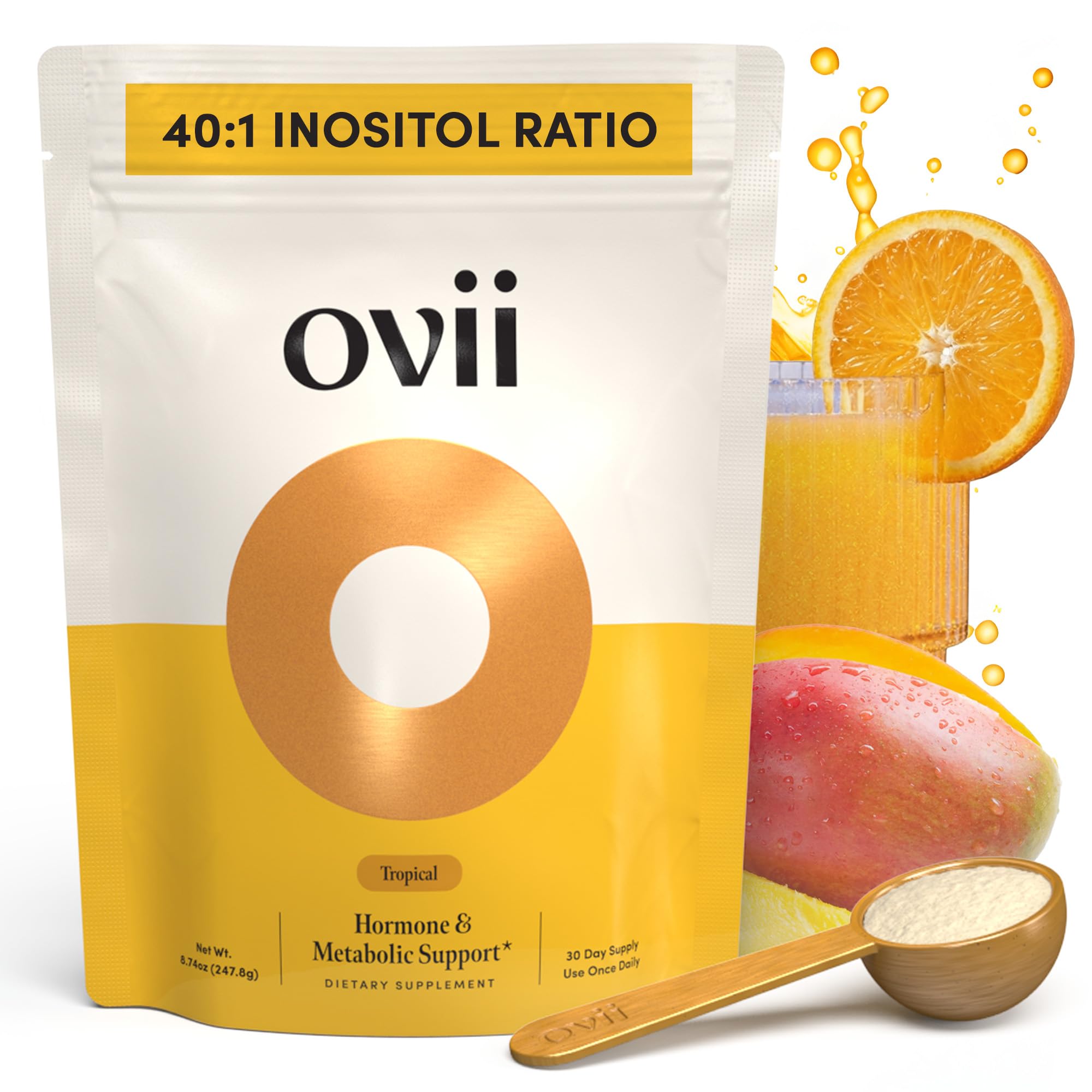 Ovii frontal del envase mostrando sabor tropical y beneficios