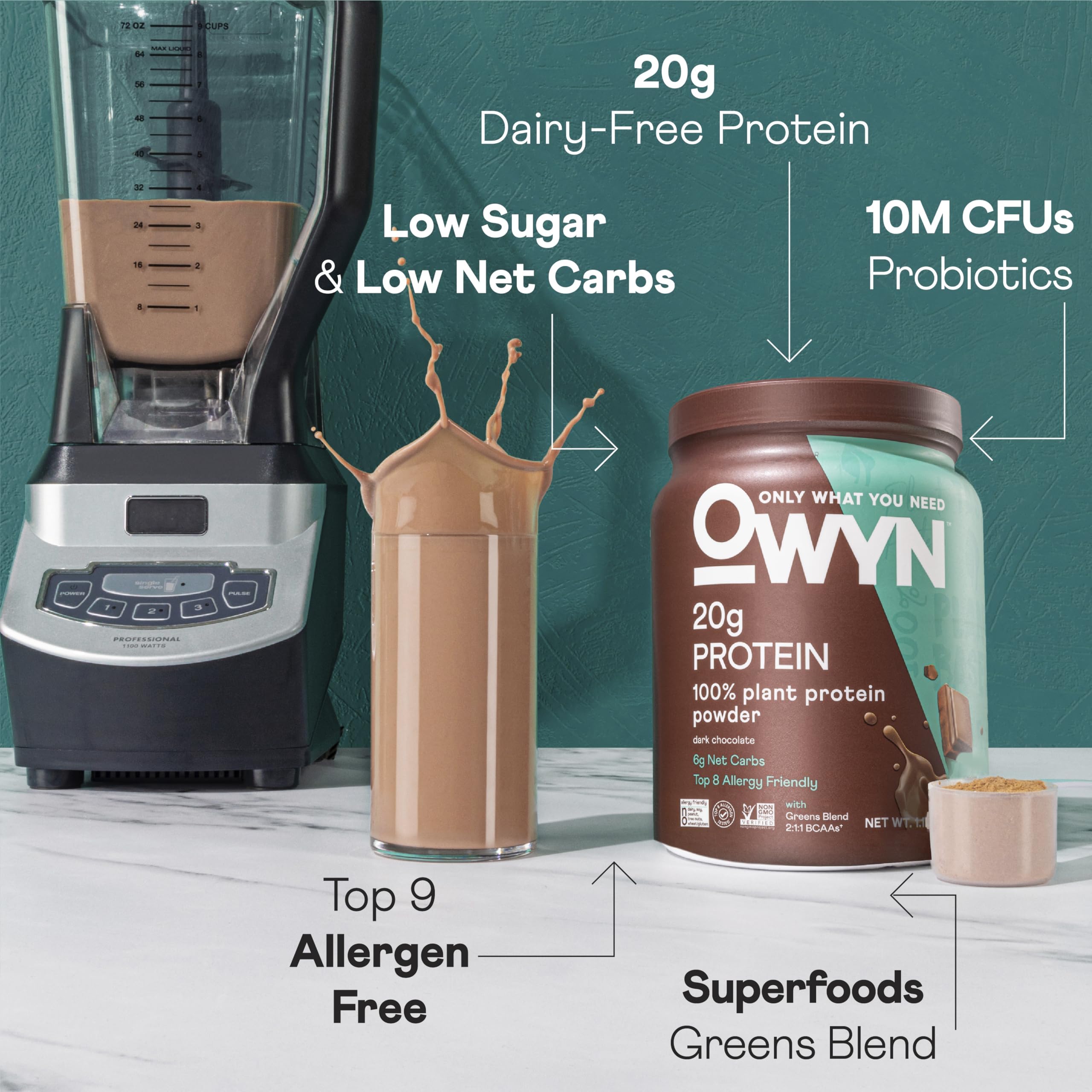 OWYN batido de chocolate servido en vaso, aporte proteico práctico