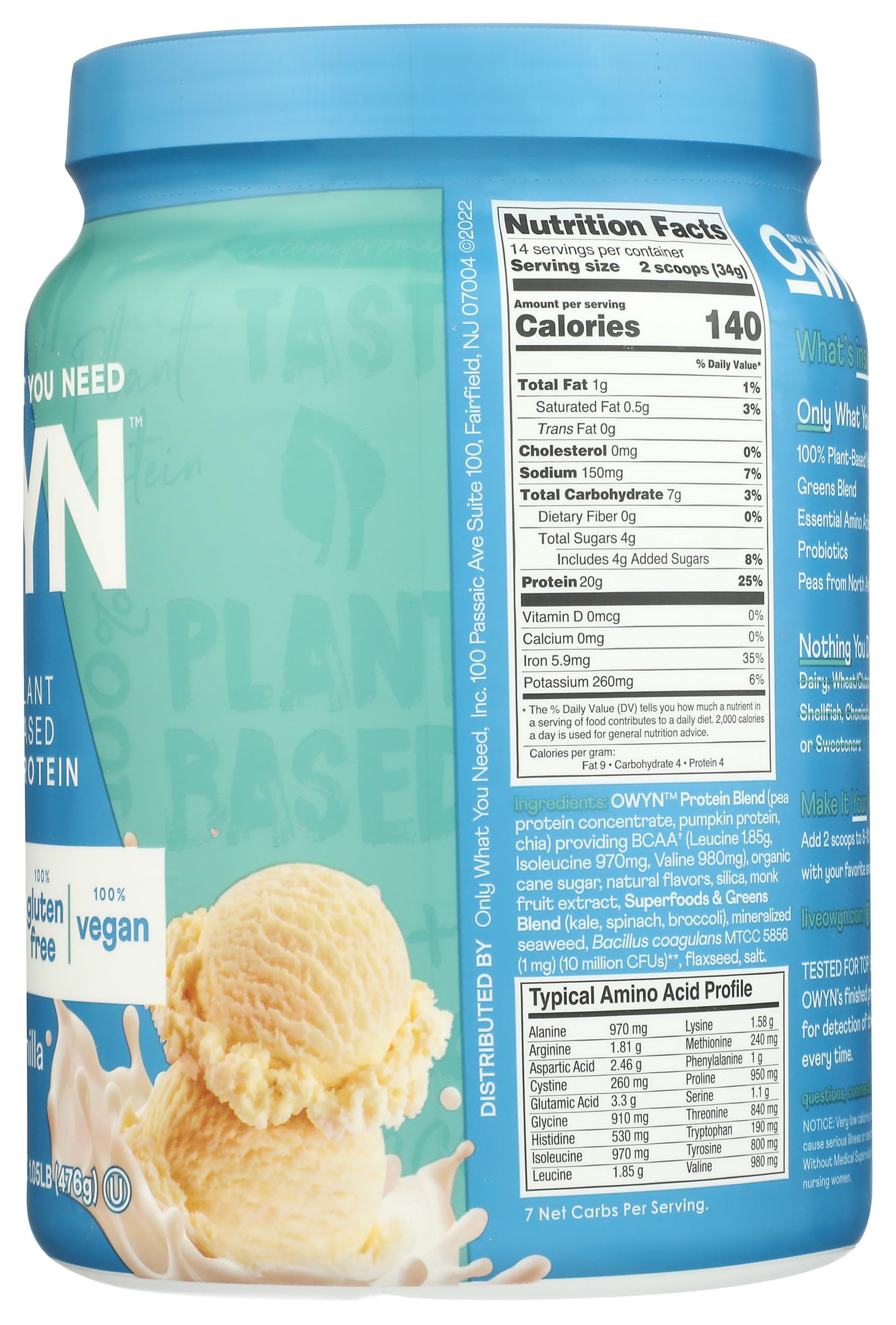 OWYN lateral del envase con certificaciones Non‑GMO y Kosher visibles