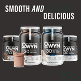 OWYN etiqueta nutricional destacando vitaminas y 30 g proteína