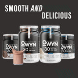 OWYN Pro Elite tamaño del envase 1,32 lb comparado con una botella para escala