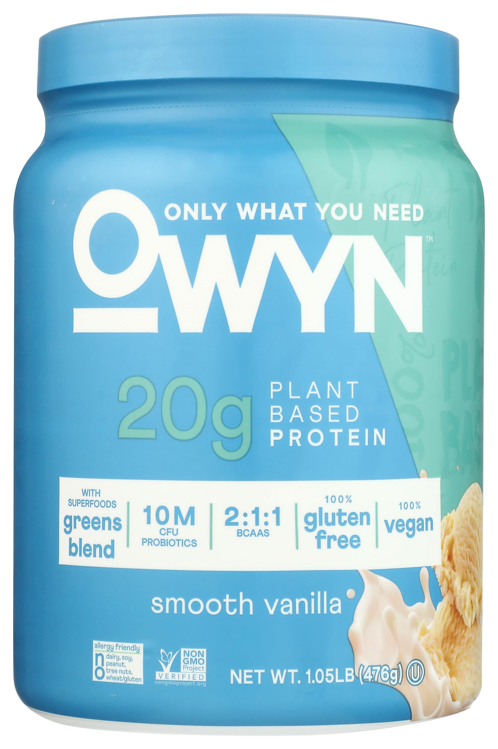 OWYN envase frontal mostrando proteína vainilla y beneficio nutricional
