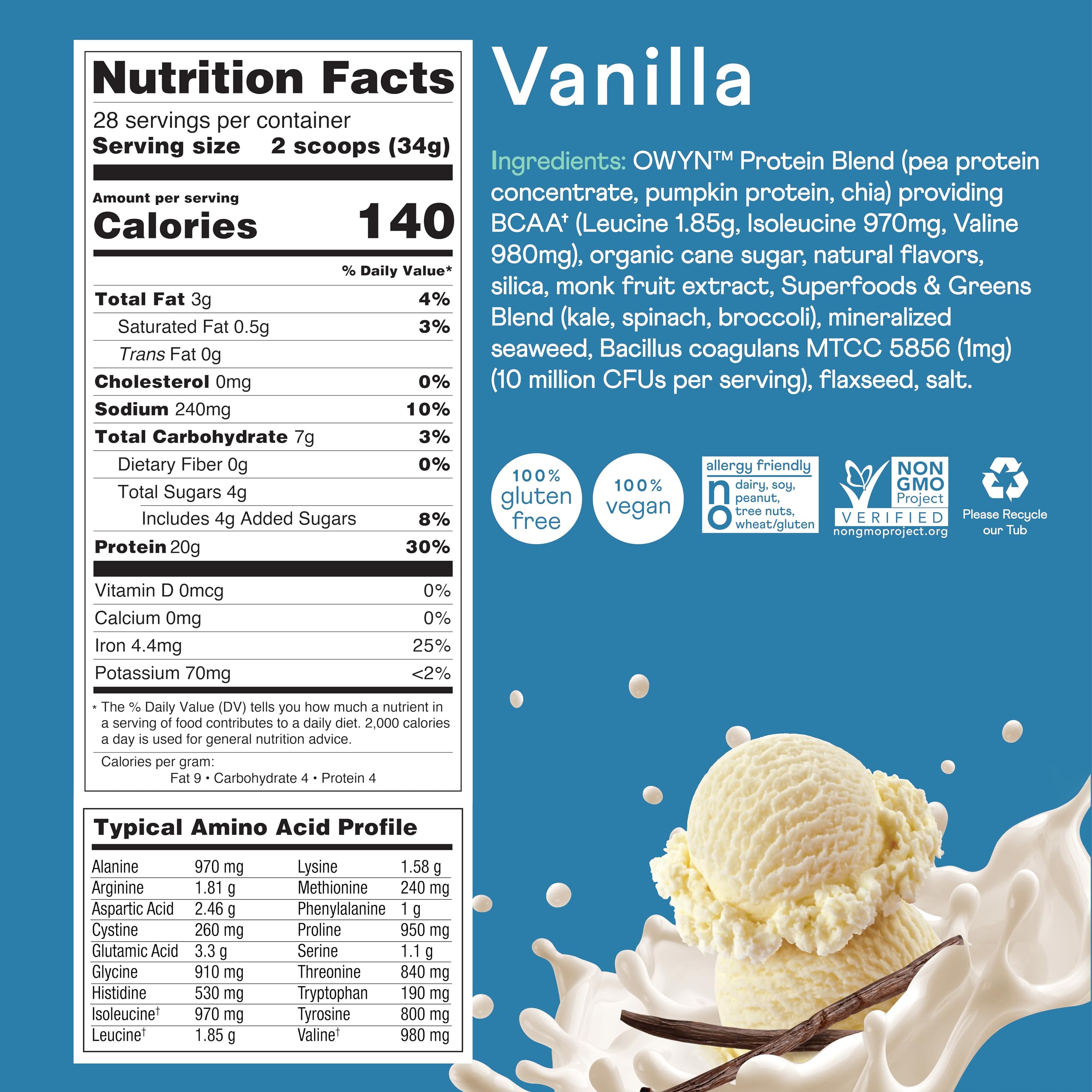 OWYN etiqueta de ingredientes con lista de proteínas y sellos de calidad
