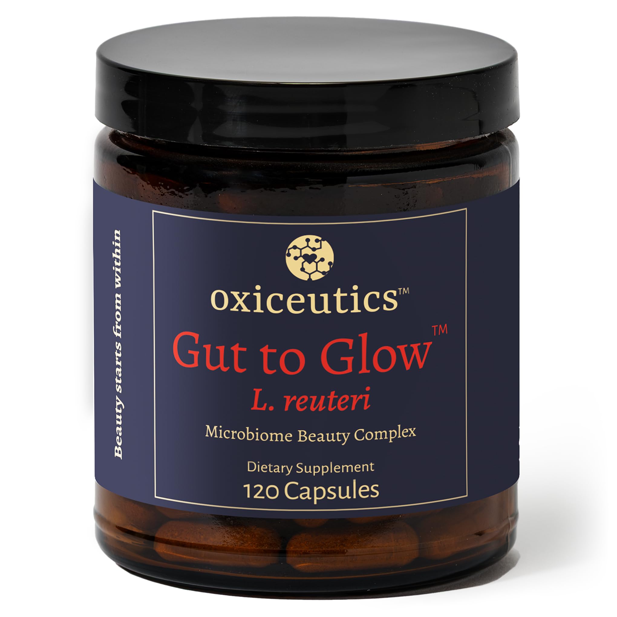 oxiceutics envase frontal Gut to Glow mostrando marca y mezcla probiótica