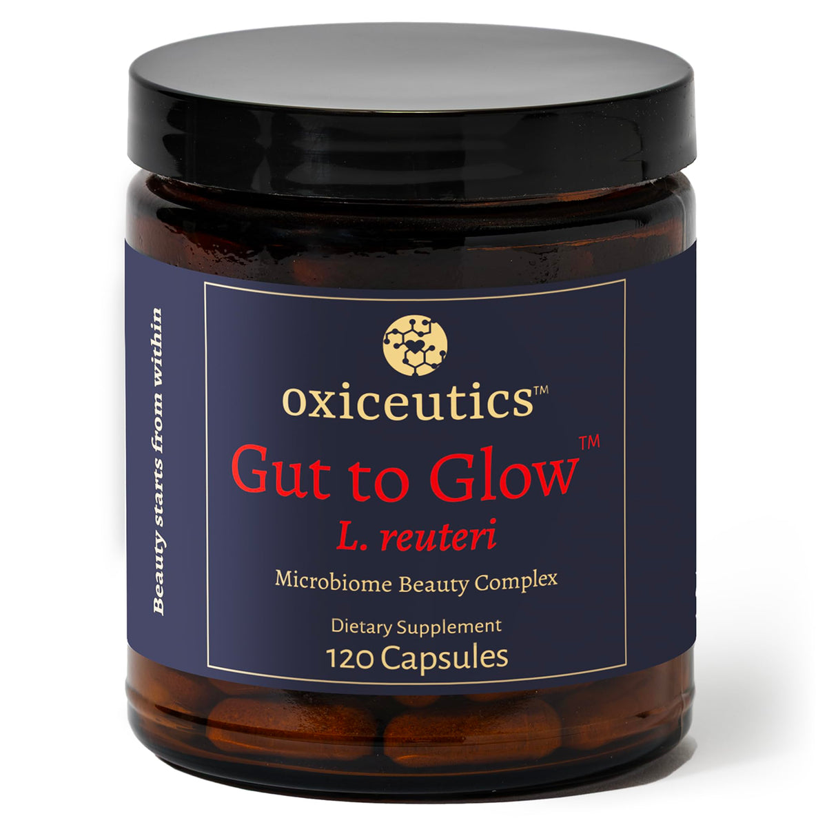 oxiceutics envase frontal Gut to Glow mostrando marca y mezcla probiótica