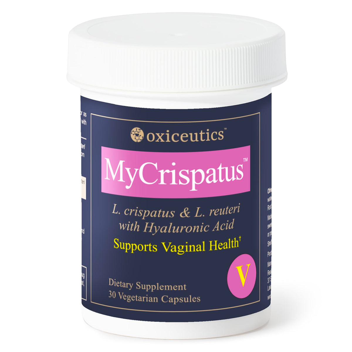 Oxyceutics MyCrispatus frente del empaque mostrando la marca y beneficios clave
