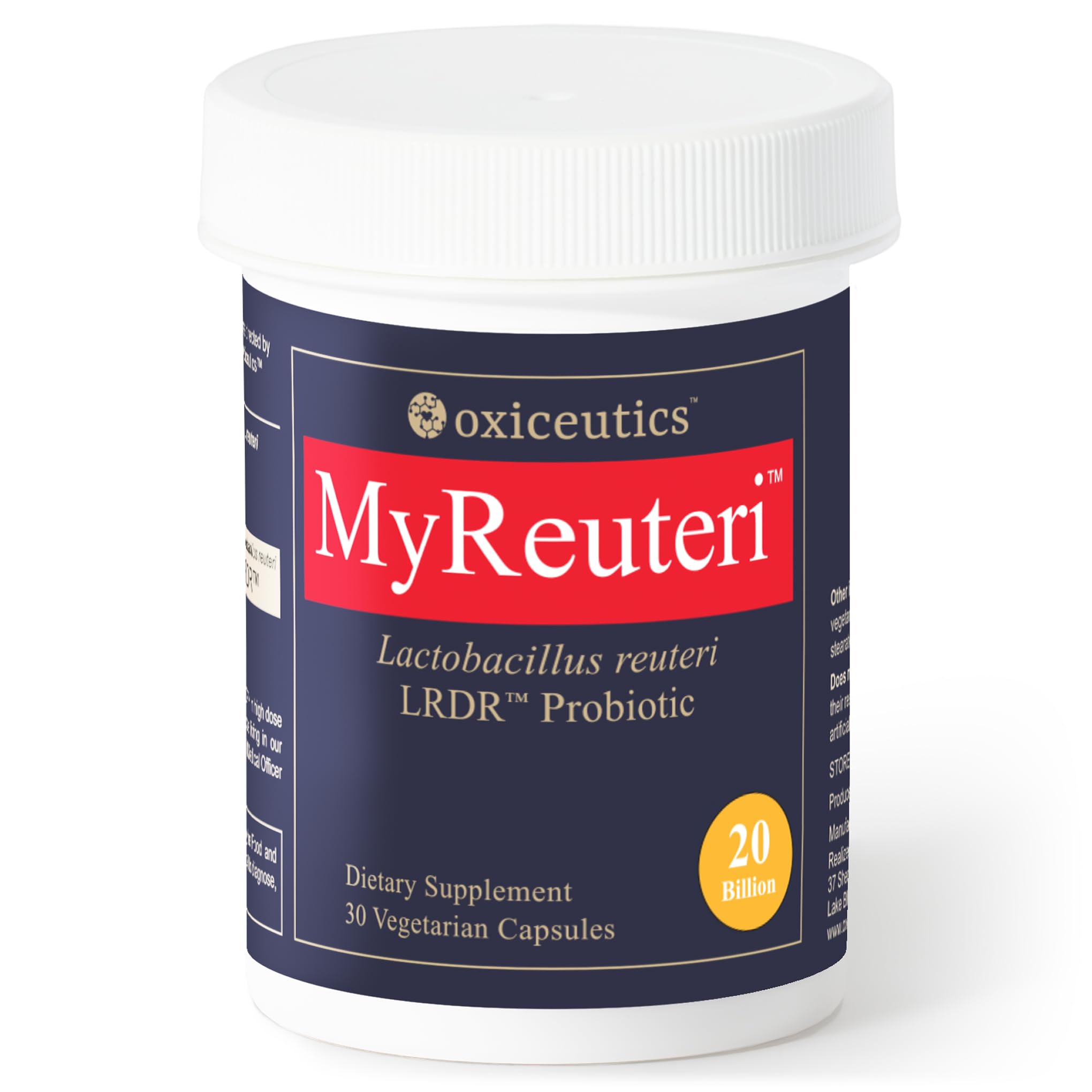 Oxyceutics envase MyReuteri frontal mostrando etiqueta clara y potencia