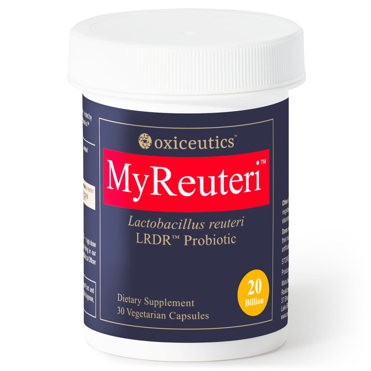 Oxyceutics envase MyReuteri frontal mostrando etiqueta clara y potencia
