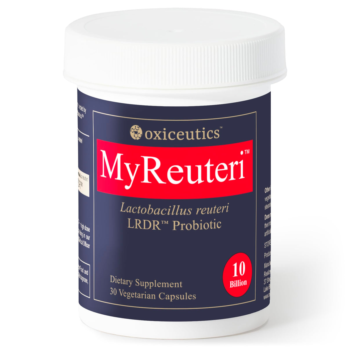 Oxyceutics MyReuteri frontal del envase mostrando diseño y beneficios