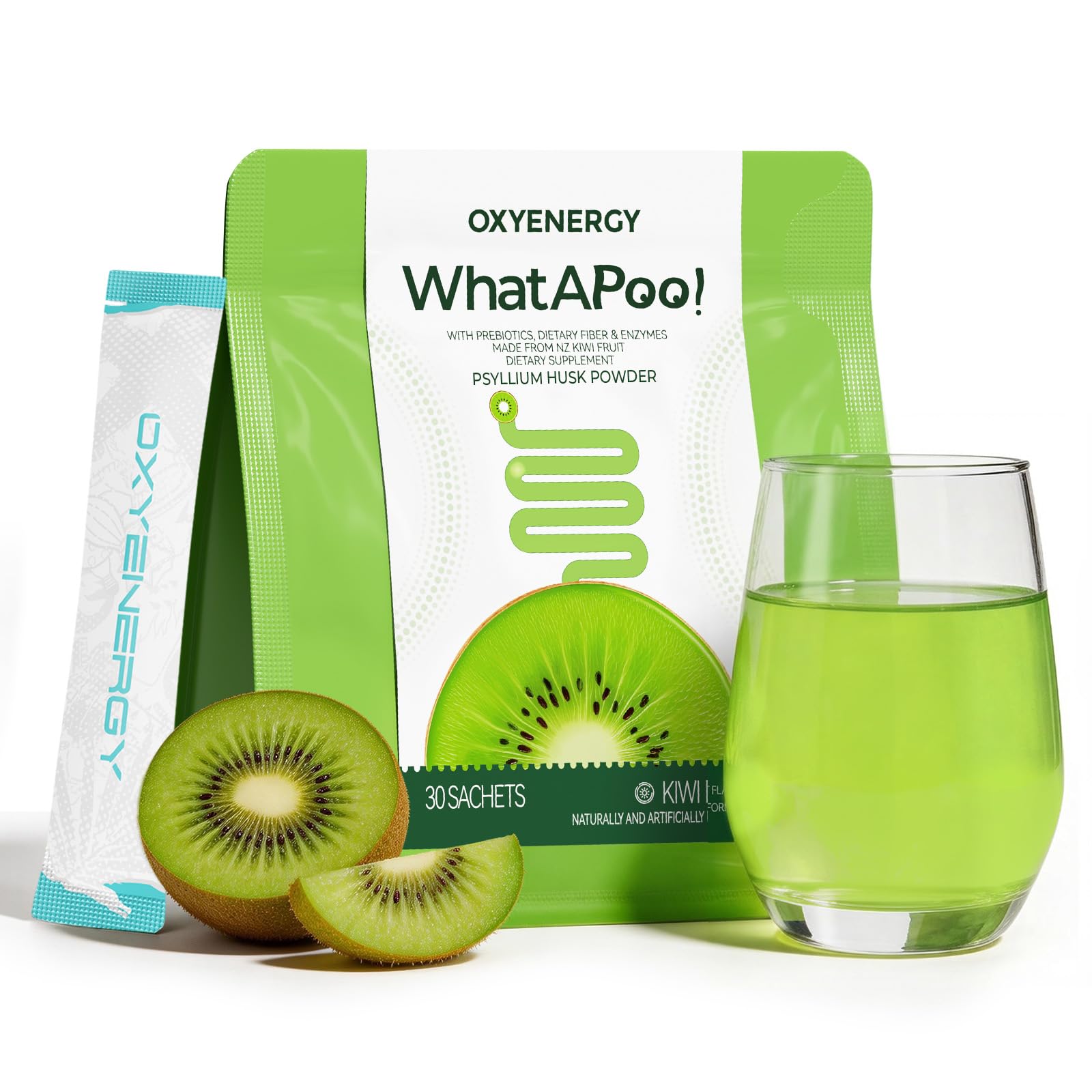 OxyEnergy empaque frontal mostrando sobres individuales y sabor kiwi, práctico para viajar