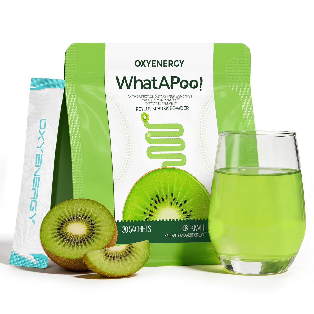 OxyEnergy empaque frontal mostrando sobres individuales y sabor kiwi, práctico para viajar