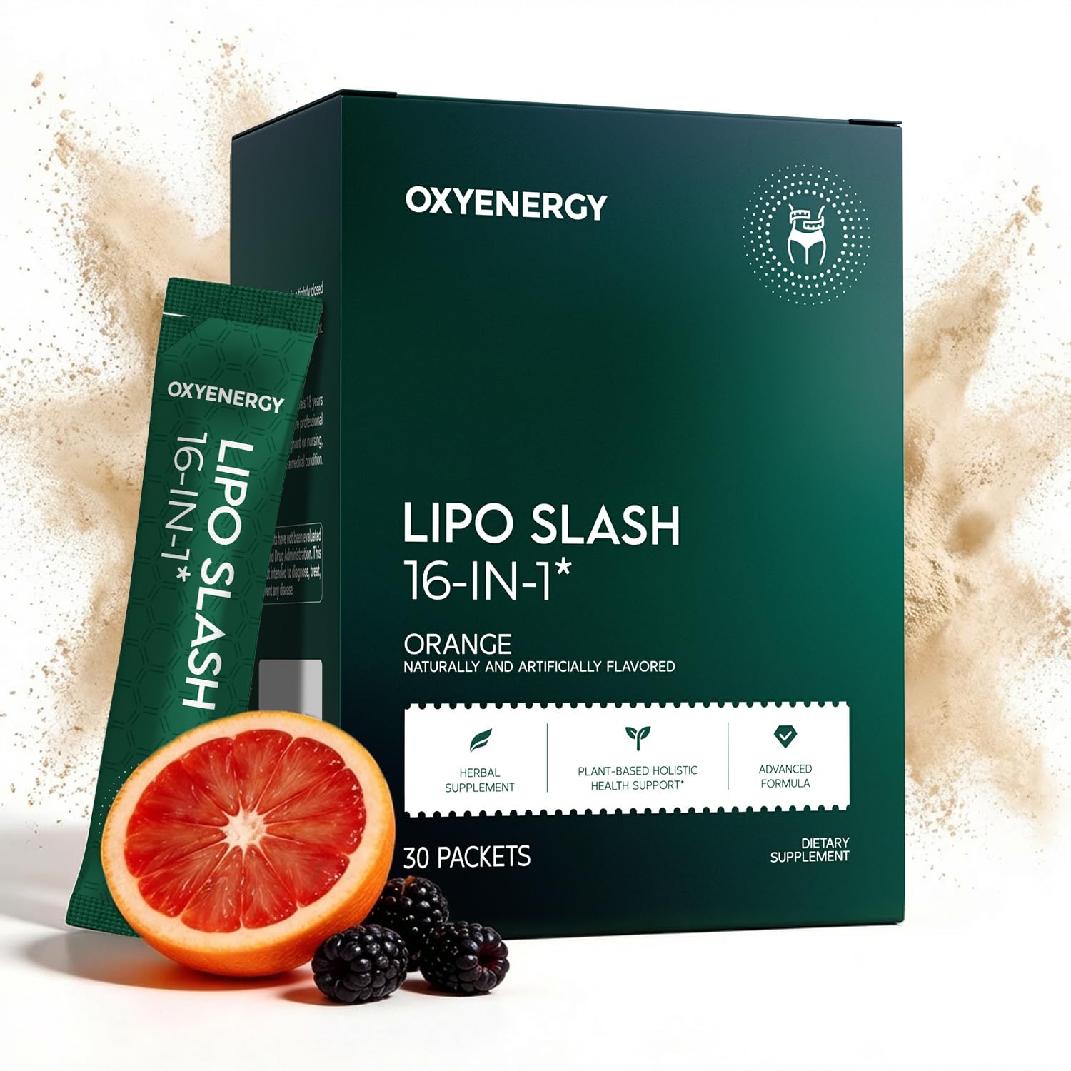OxyEnergy LIPO Slash frente del paquete mostrando 30 sobres y diseño