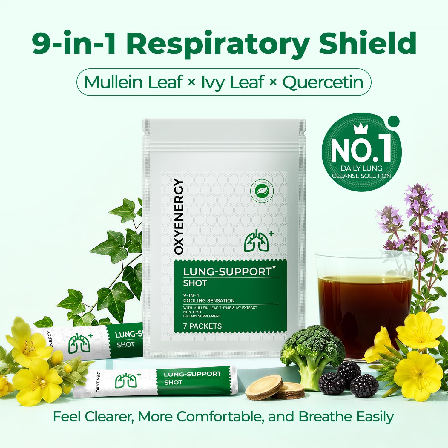 OxyEnergy sobre con gotas y frutas berries, indica sabor menta-berry agradable