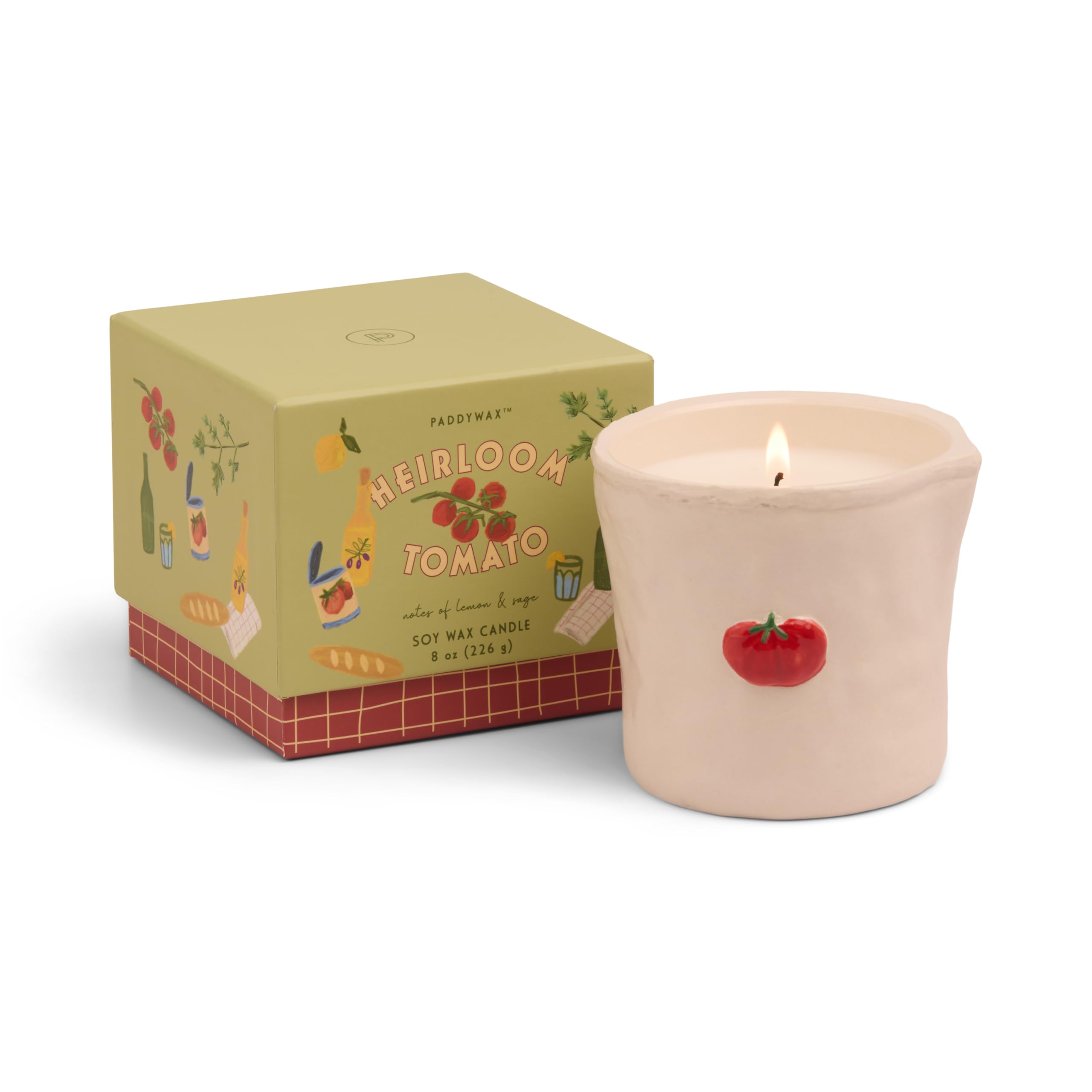 Paddywax tarro cerámico frontal con etiqueta y diseño, aporta estilo decorativo