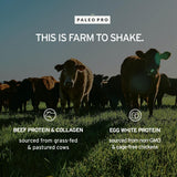 Paleo Pro etiqueta de ingredientes resaltando res grass-fed y huevos de corral