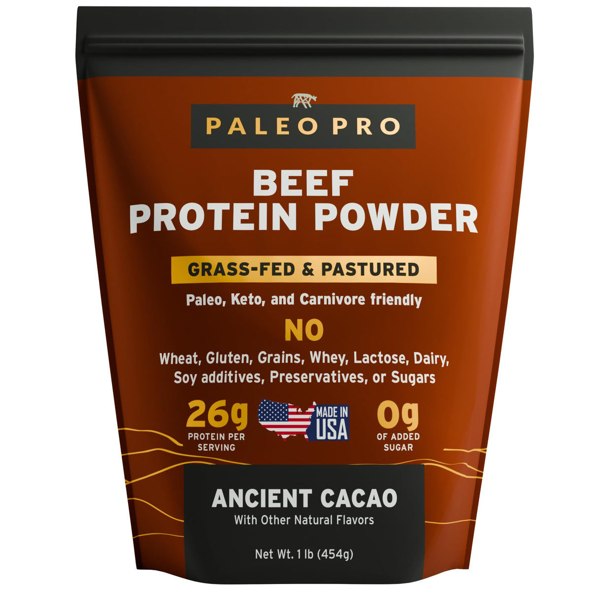 Paleo Pro frente del envase cacao mostrando etiqueta clara y beneficios