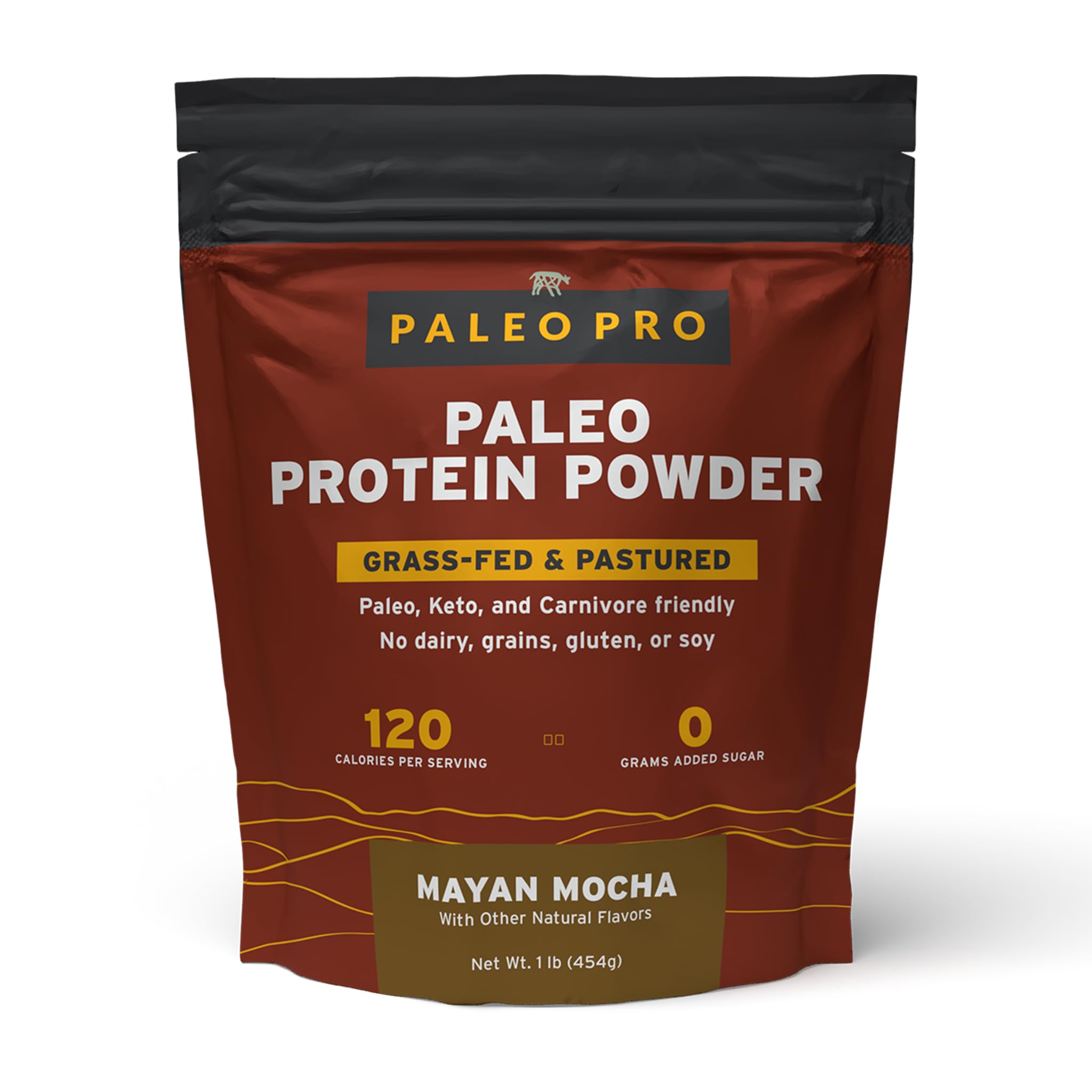 Paleo Pro envase frontal Mayan Mocha mostrando etiqueta y beneficio proteína limpia