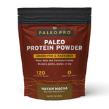 Paleo Pro envase frontal Mayan Mocha mostrando etiqueta y beneficio proteína limpia