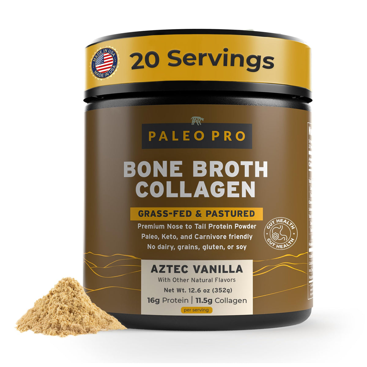 PaleoPro frente del envase mostrando etiqueta y sabor Aztec Vanilla para confianza