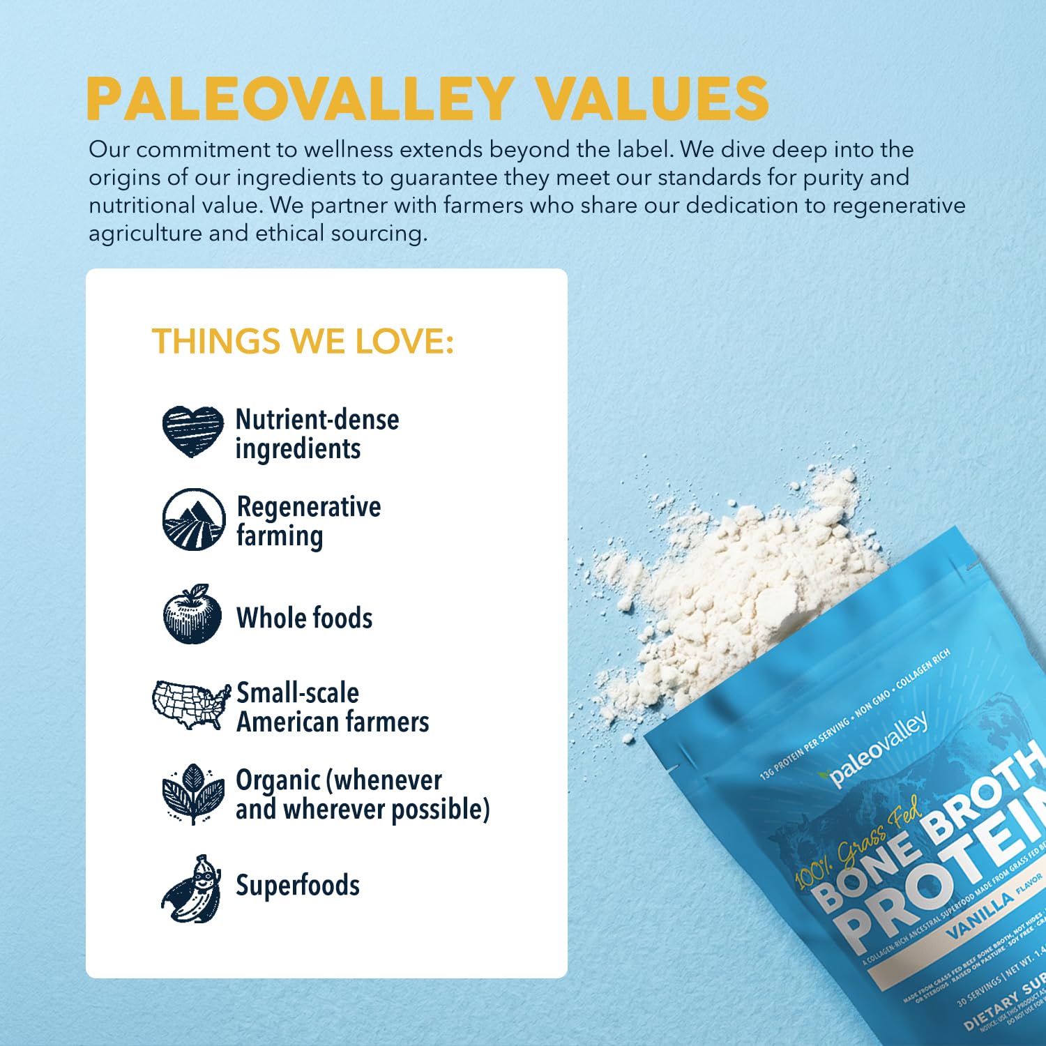 Paleovalley envase junto a una mano para comparar tamaño y porciones