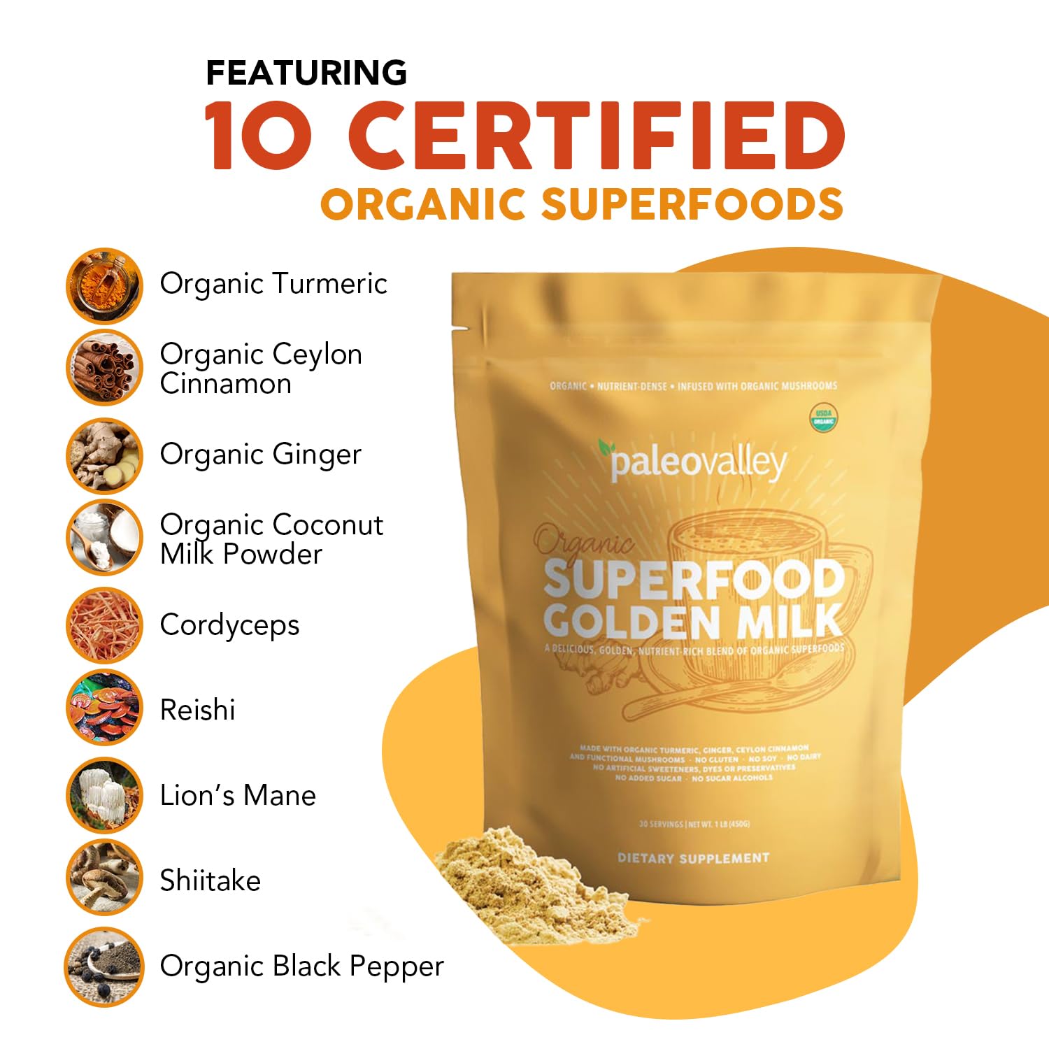 Paleovalley etiqueta con lista de ingredientes orgánicos y certificaciones