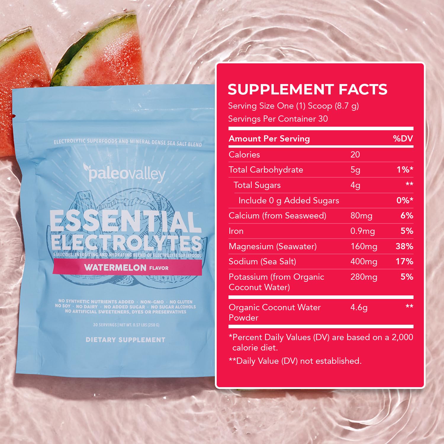 Paleovalley etiqueta con ingredientes indicando electrolitos full spectrum