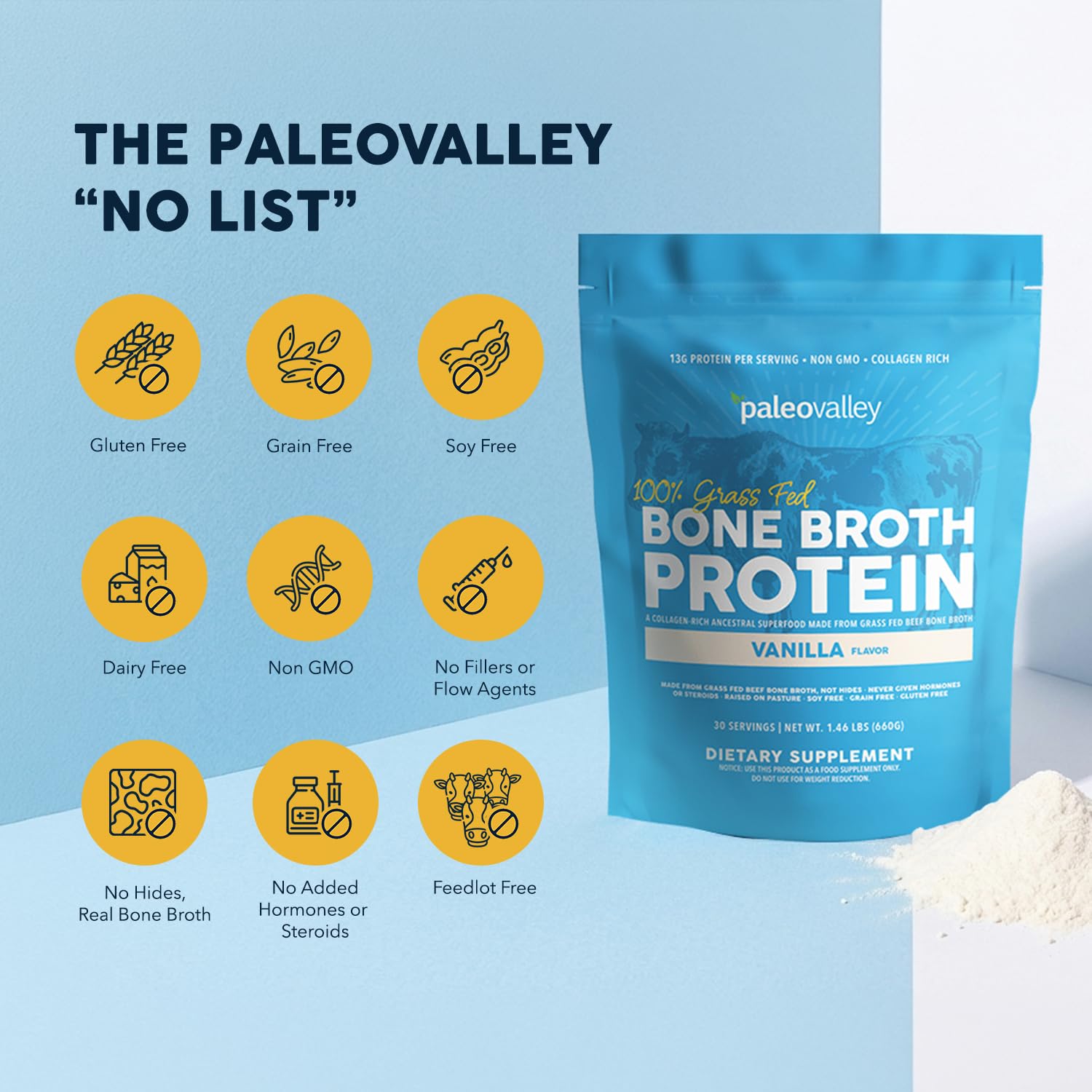 Paleovalley etiqueta nutricional clara que destaca ingredientes puros