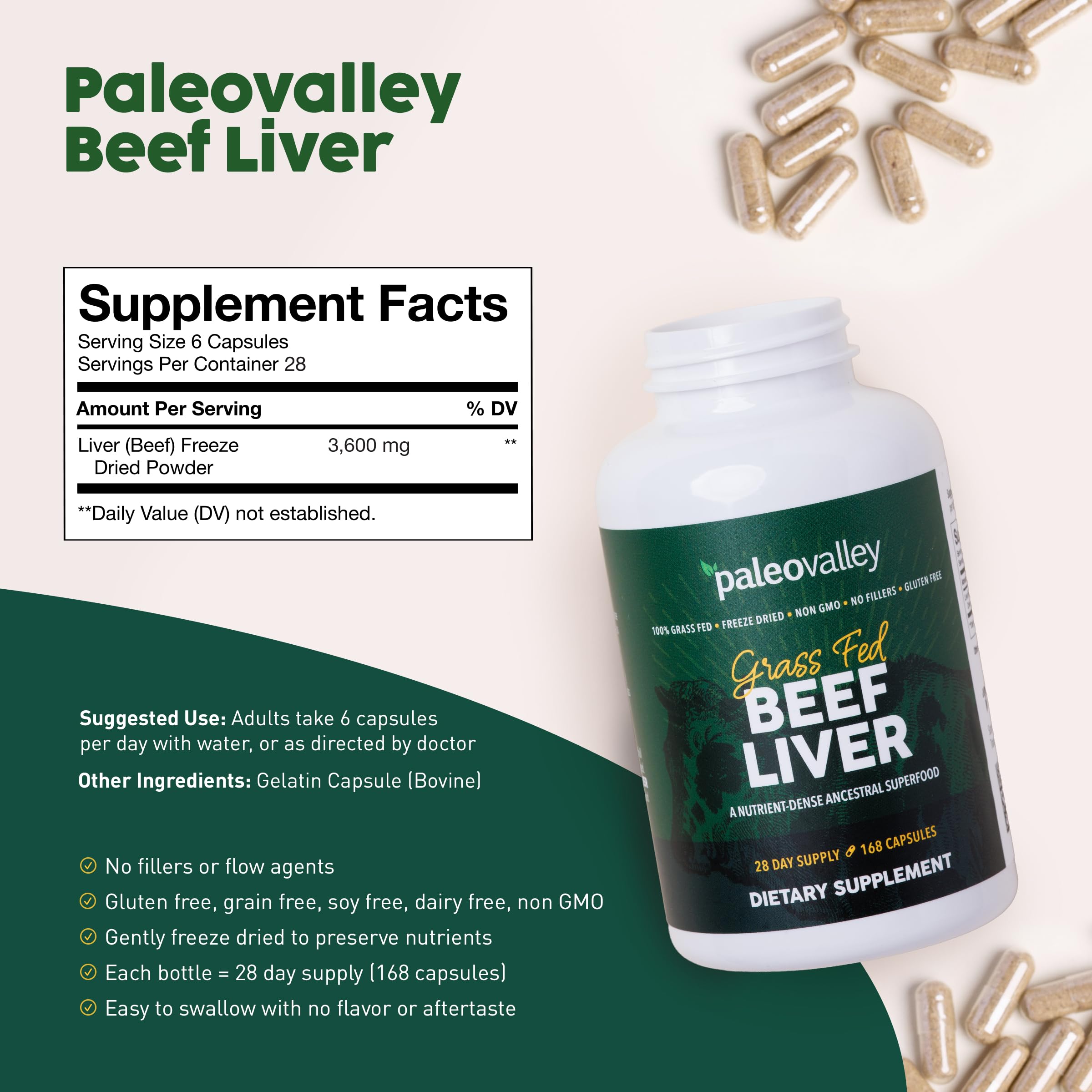 Paleovalley frasco abierto con cápsulas para fácil suplementación