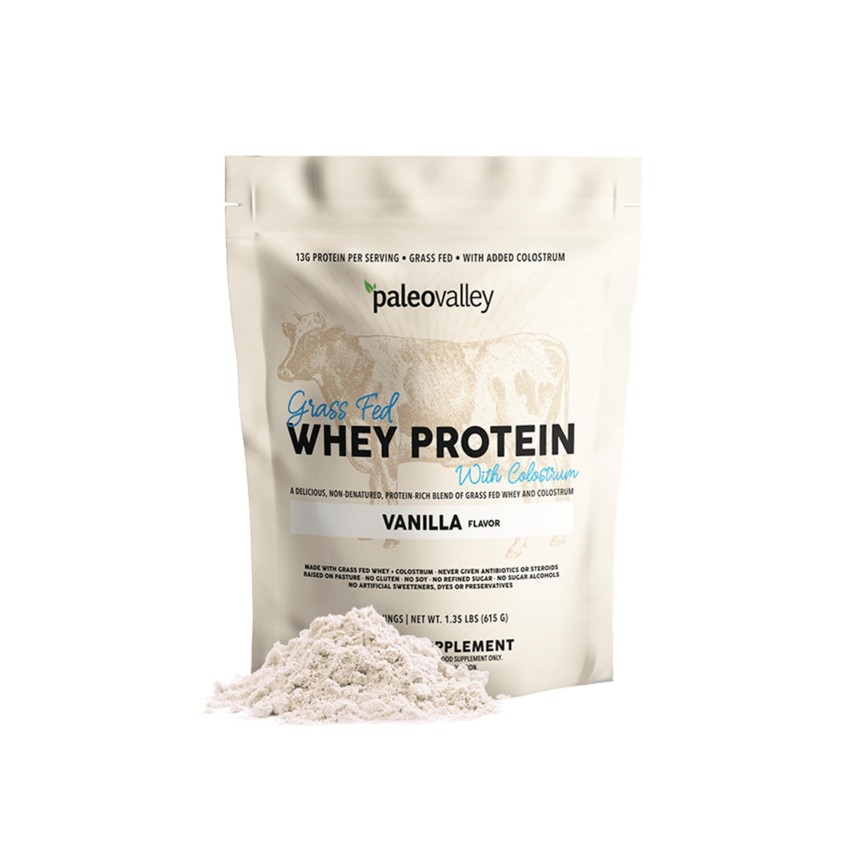 Paleovalley envase frontal mostrando sabor vainilla y beneficios claros