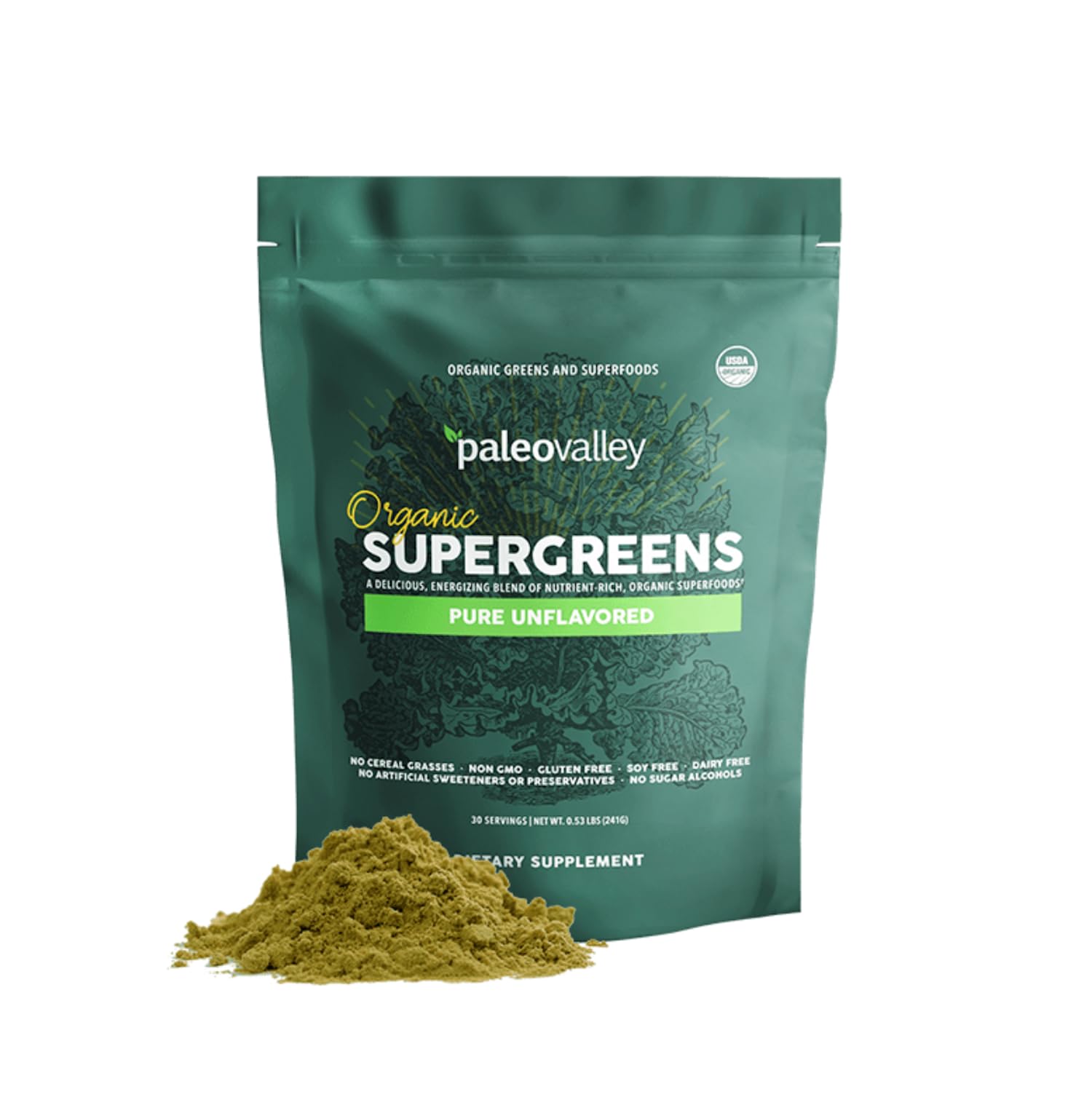 Paleovalley envase frontal del polvo supergreens muestra transparencia y confianza
