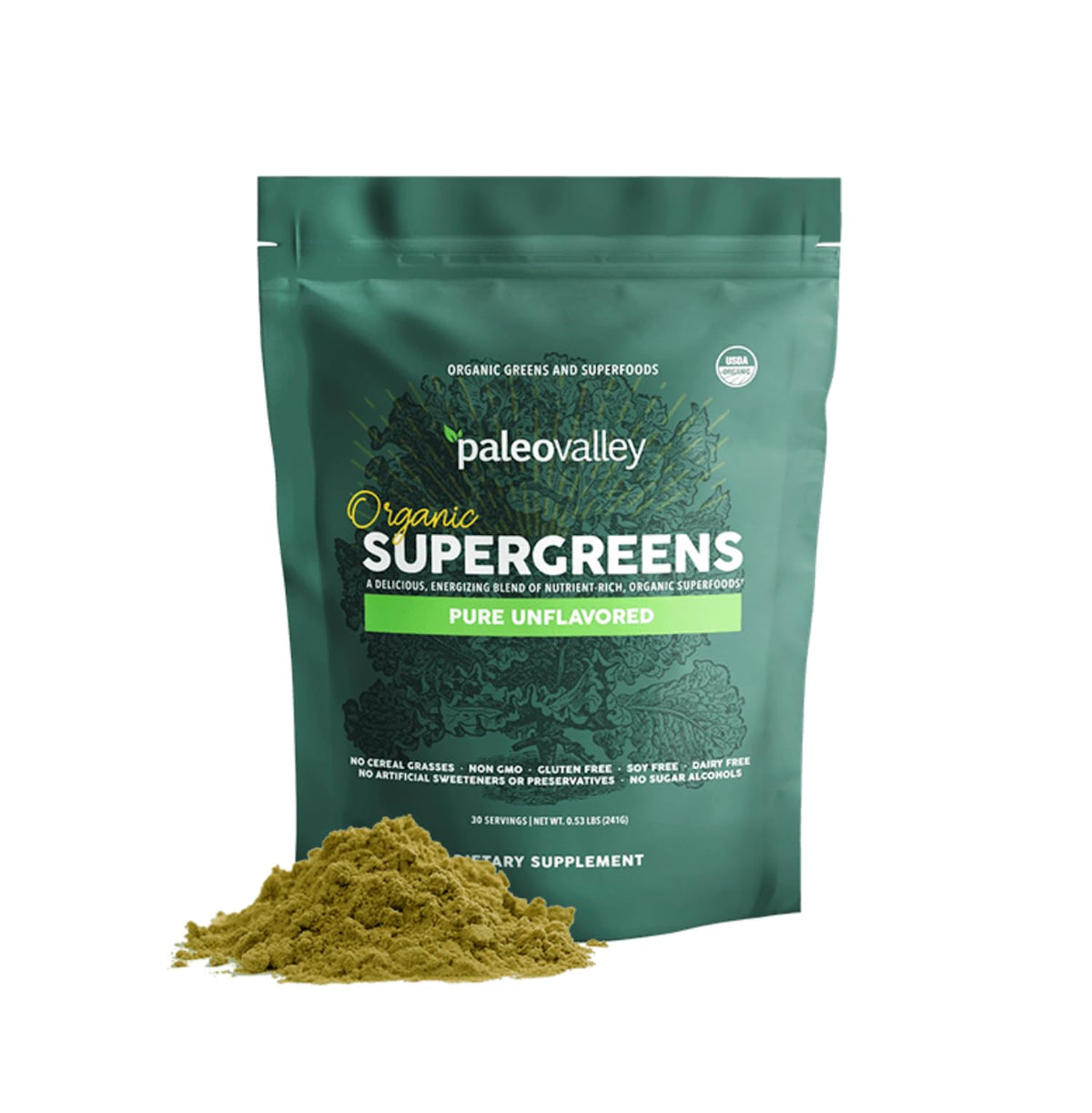 Paleovalley envase frontal del polvo supergreens muestra transparencia y confianza