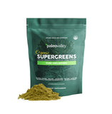 Paleovalley envase frontal del polvo supergreens muestra transparencia y confianza