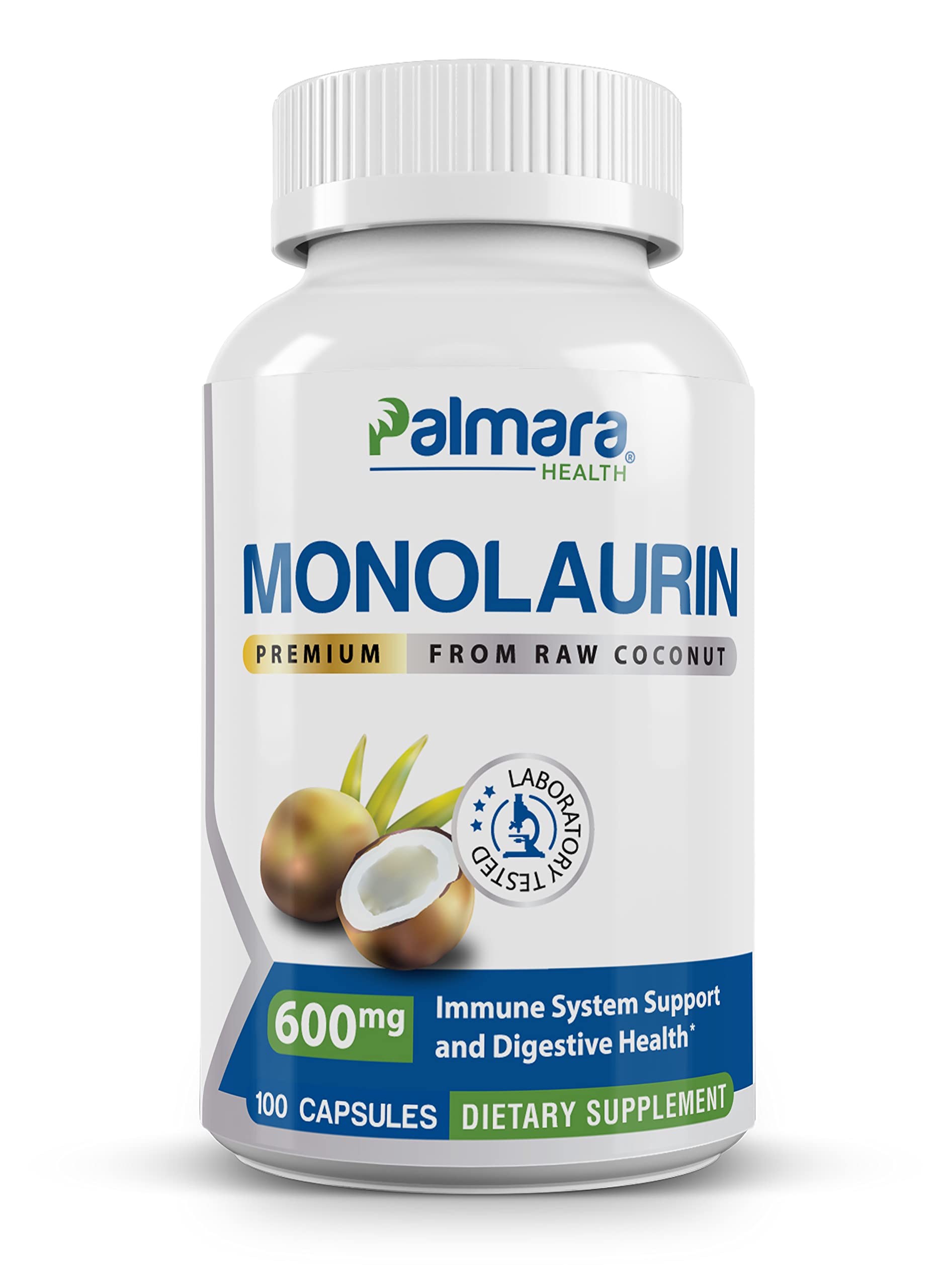 Palmara Health frasco frontal de monolaurin mostrando la etiqueta clara y beneficios