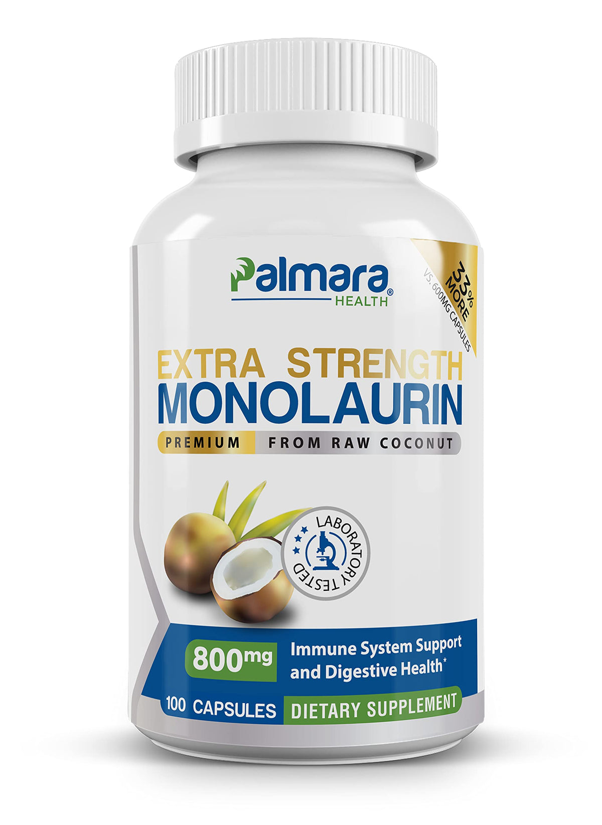 Palmara Health frasco frontal mostrando monolaurina fuerza extra, confianza en calidad