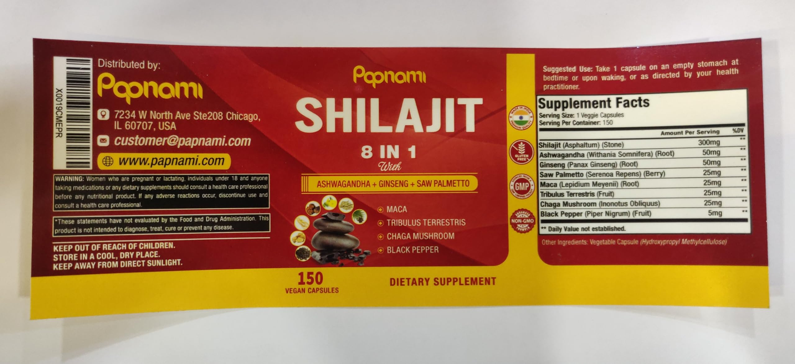 Papnami etiqueta con lista de ingredientes y certificaciones de calidad