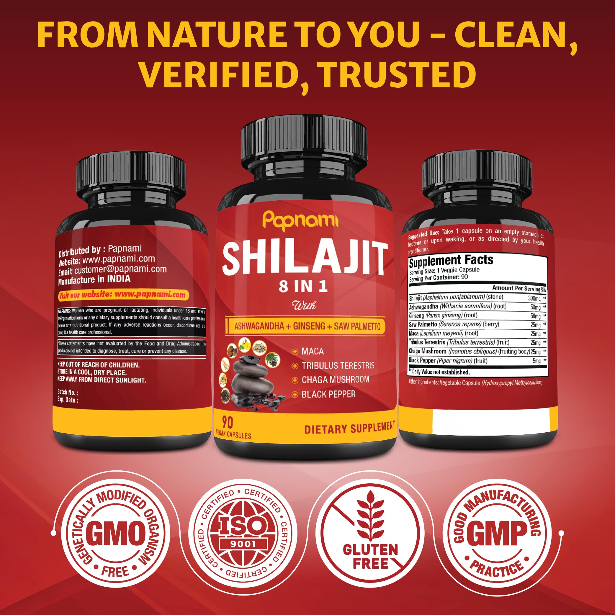 Papnami ingredientes dispuestos: shilajit, ashwagandha y ginseng visual