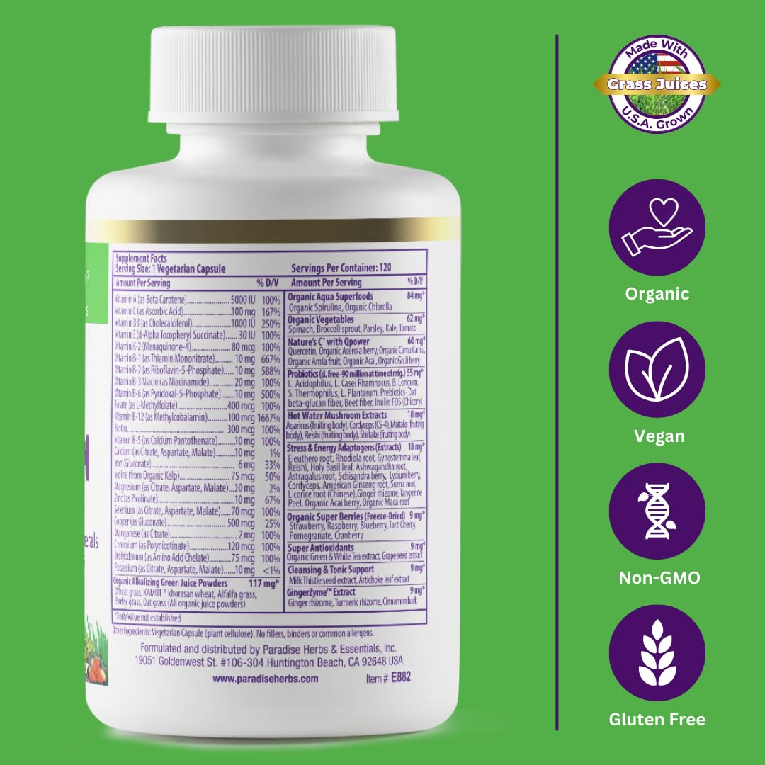 Paradise Herbs etiqueta nutricional clara con vitaminas biodisponibles