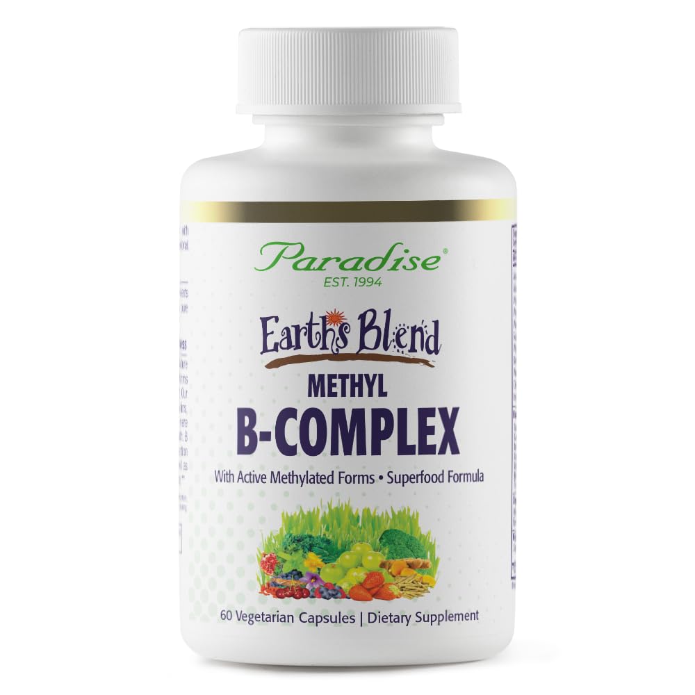Paradise Herbs bote frontal mostrando Earth's Blend B-Complex como apoyo energético