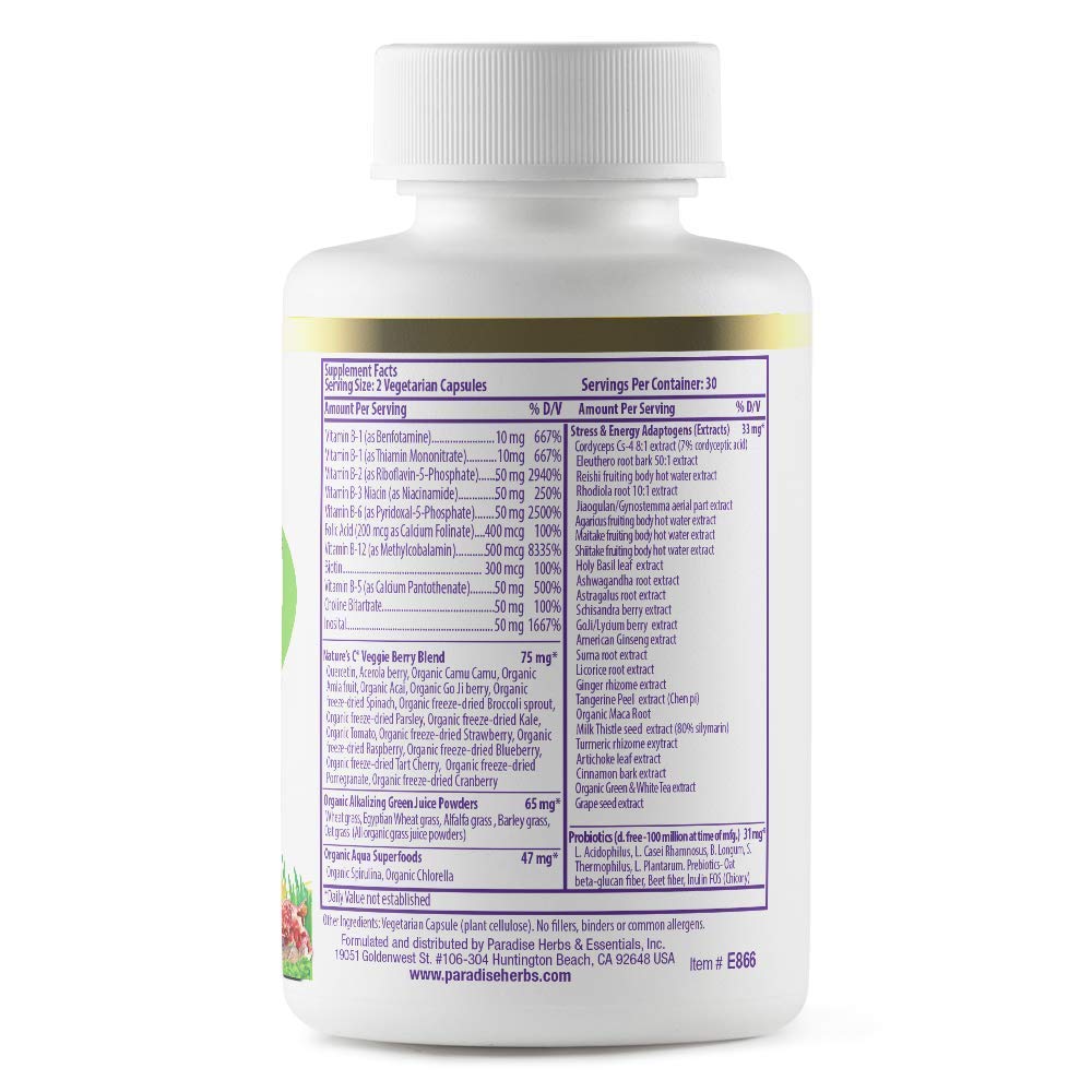 Paradise Herbs etiqueta nutricional en primer plano que muestra vitaminas B methyladas