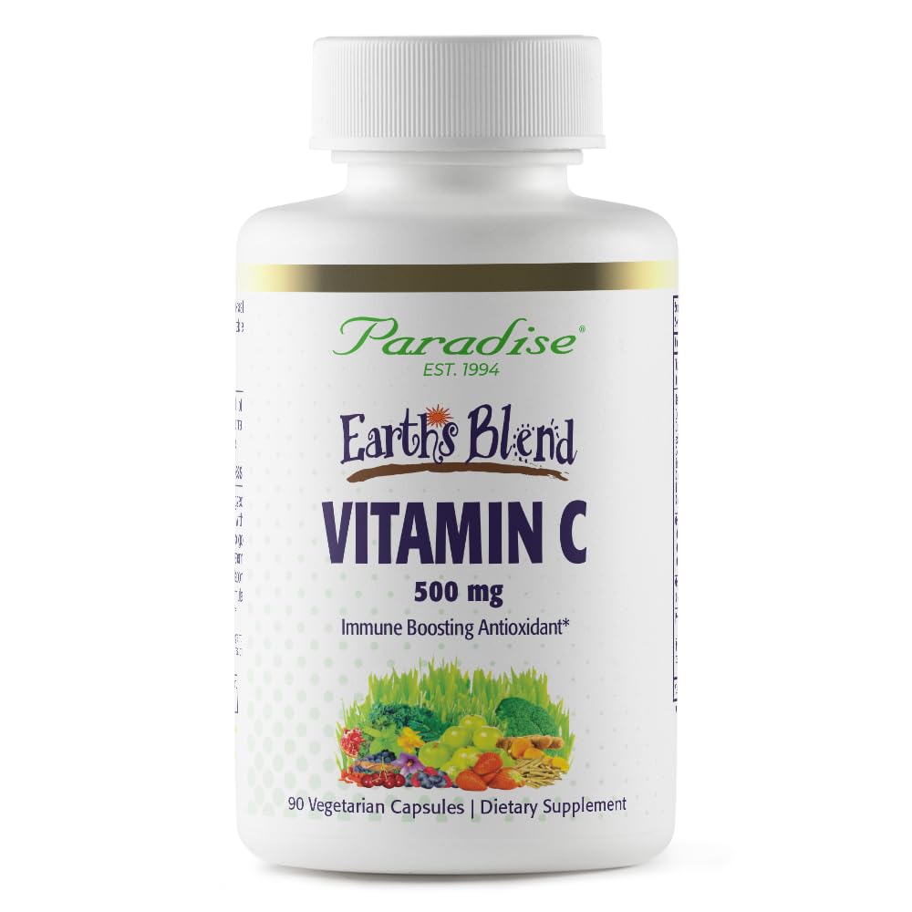 Paradise Herbs frasco frontal mostrando Earth's Blend Vitamin C y limpieza de ingredientes