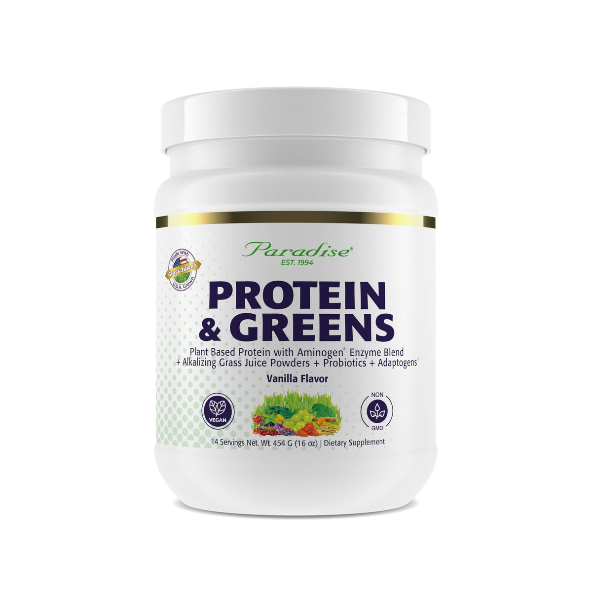Paradise Herbs envase frontal que muestra proteína y superalimentos, práctico