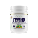 Paradise Herbs envase frontal que muestra proteína y superalimentos, práctico