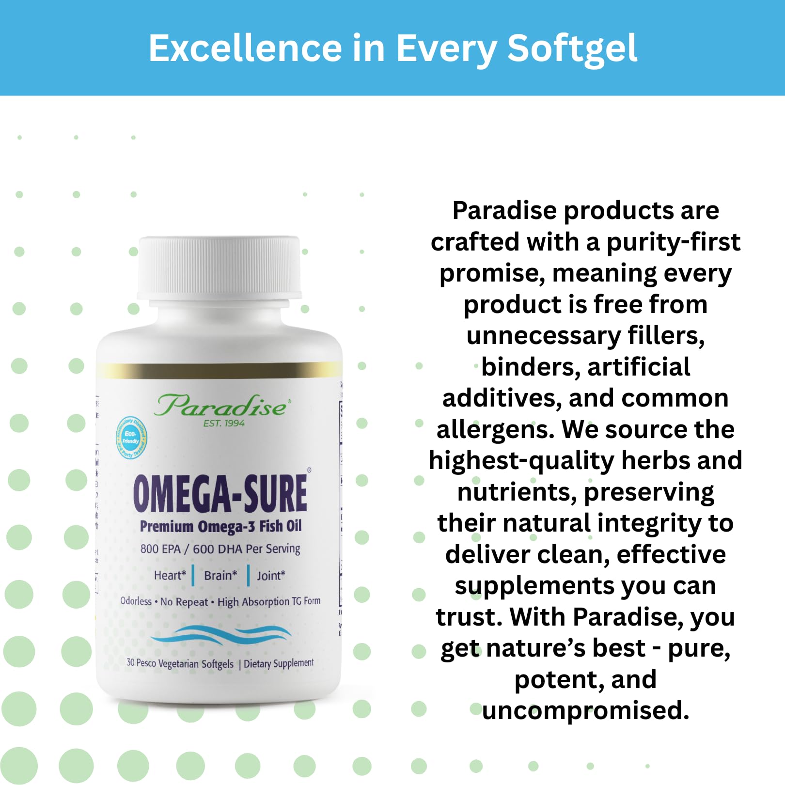 Paradise Herbs gota de aceite omega-3 resaltando pureza y limpieza