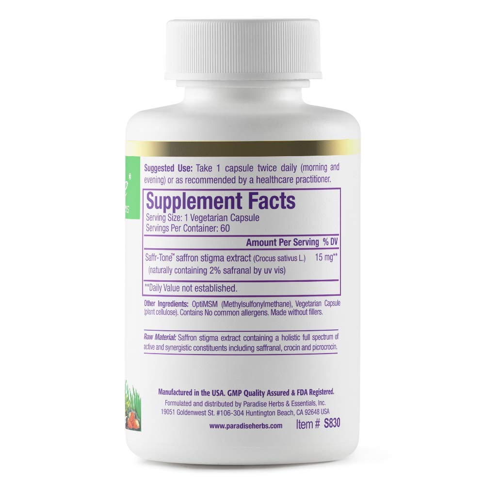 Paradise Herbs producto Saffr-Tone en ambiente de estilo de vida equilibrado