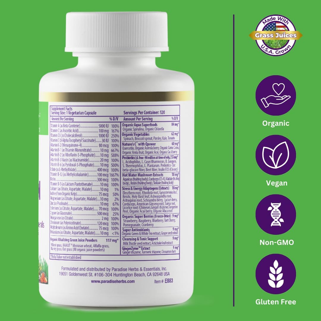 Paradise Herbs cápsula en mano sugiere una dosis diaria conveniente