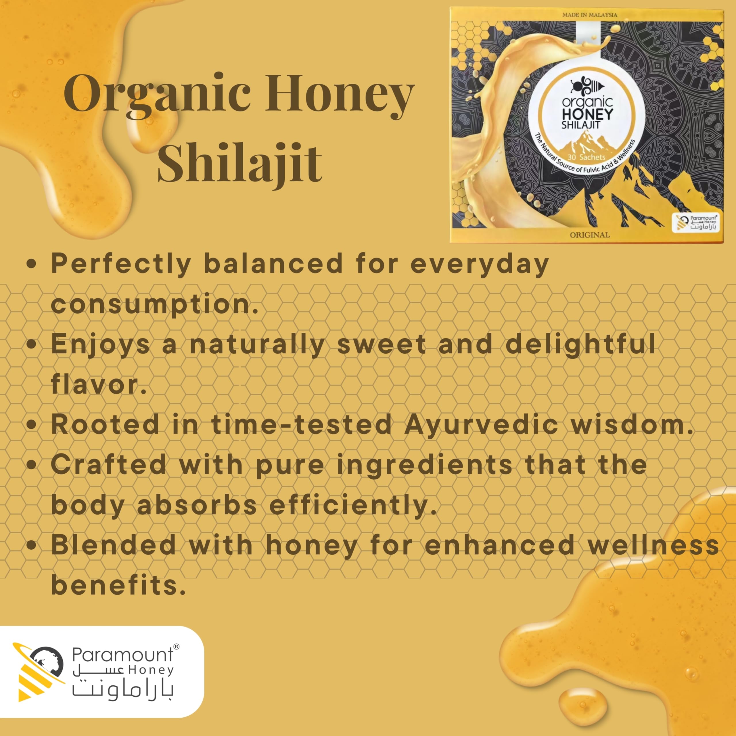 Paramount Honey ingredientes naturales sobre mesa comunicando pureza