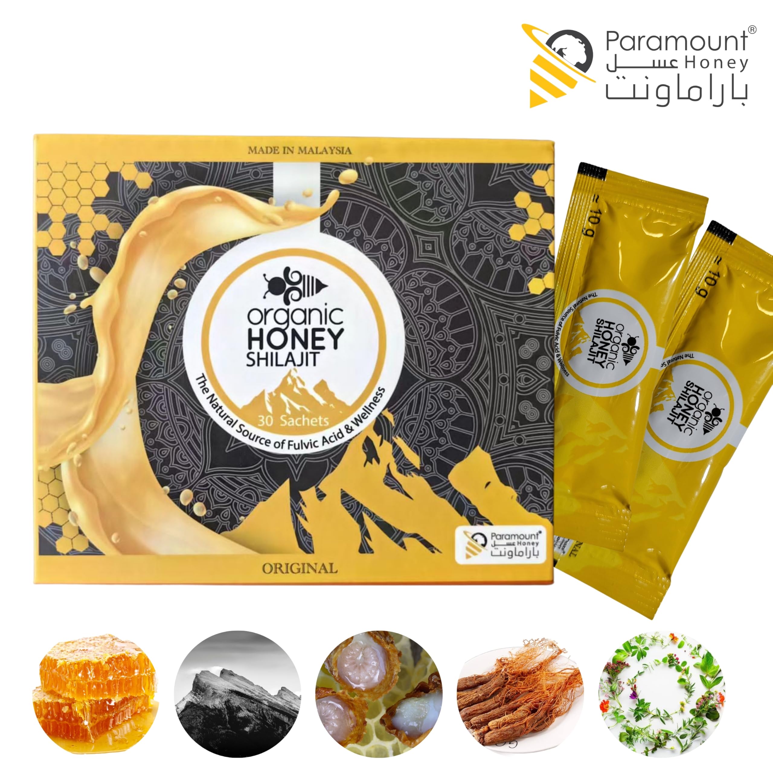 Paramount Honey shilajit en cuchara mostrando origen y concentración por sachet