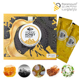Paramount Honey shilajit en cuchara mostrando origen y concentración por sachet