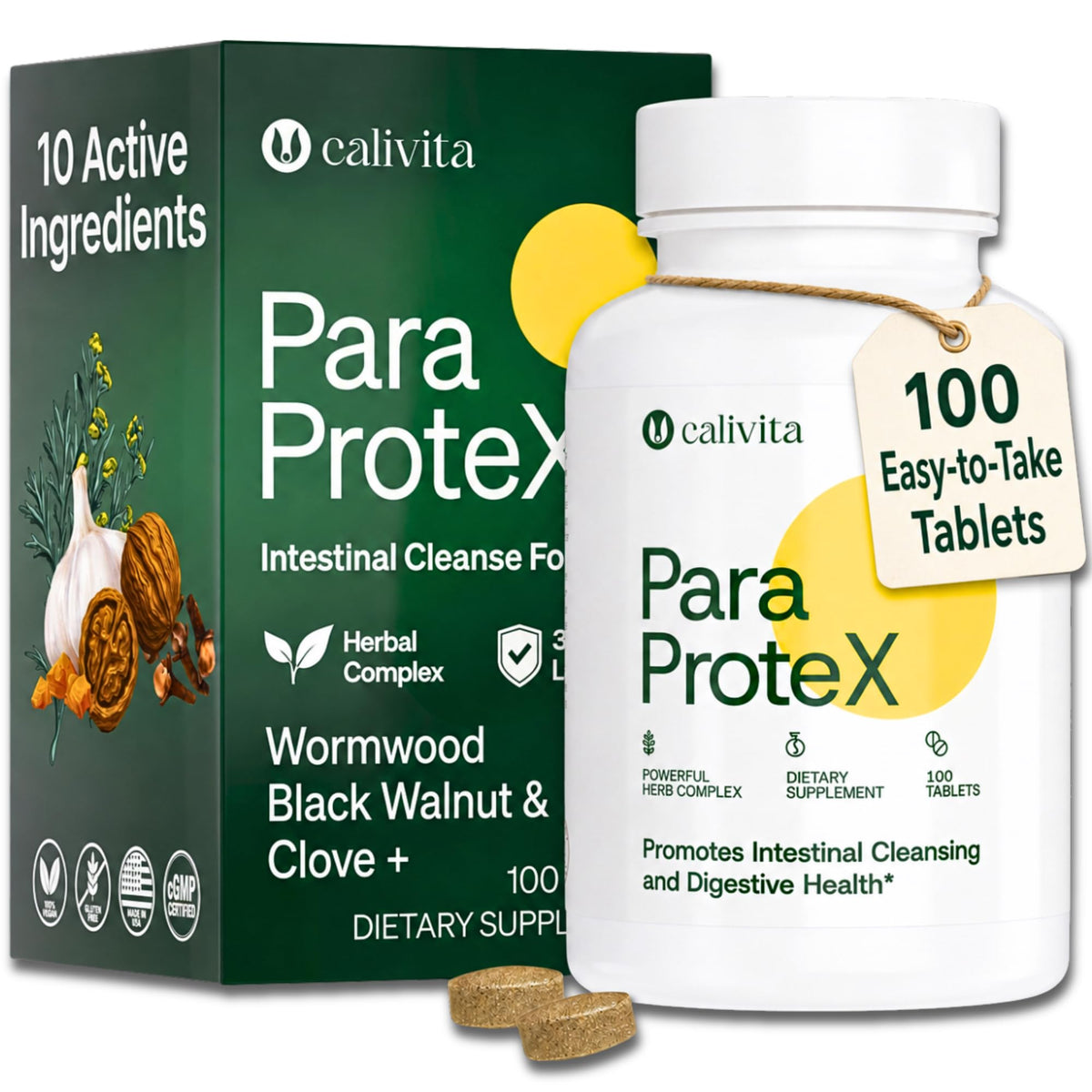 CaliVita ParaProteX frasco frontal mostrando diseño y beneficio de soporte digestivo