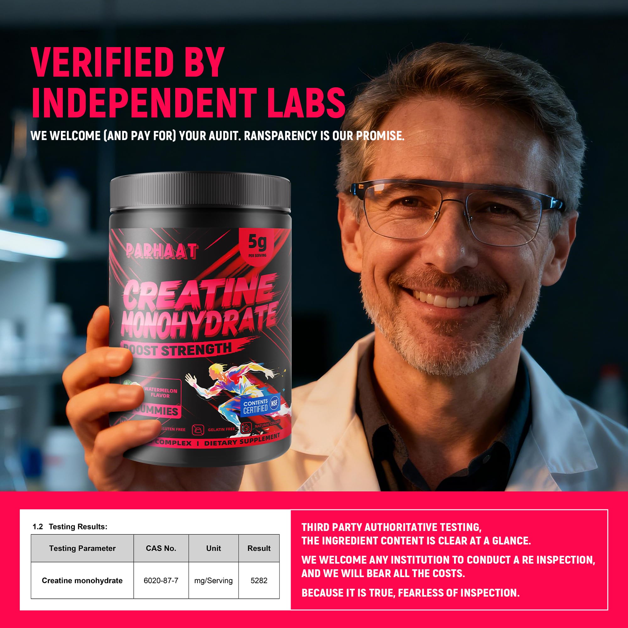 Parhaat etiqueta nutricional visible con información de creatina por porción